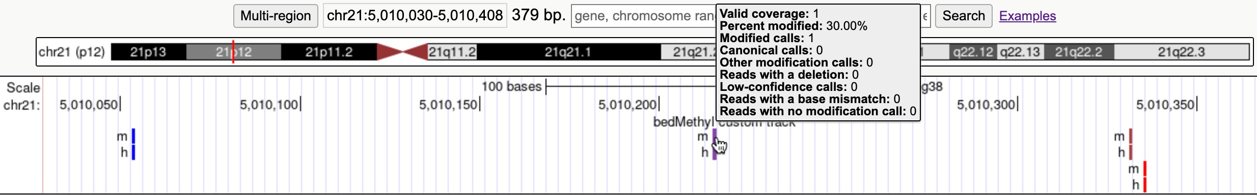 Browser display of a bedMethyl DNA methylation data track