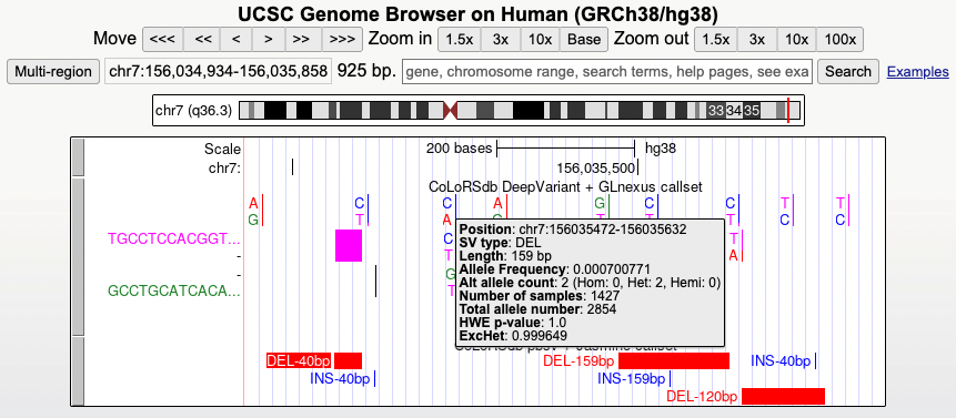 Browser display of CoLoRSdb structural variant tracks from long-read sequencing