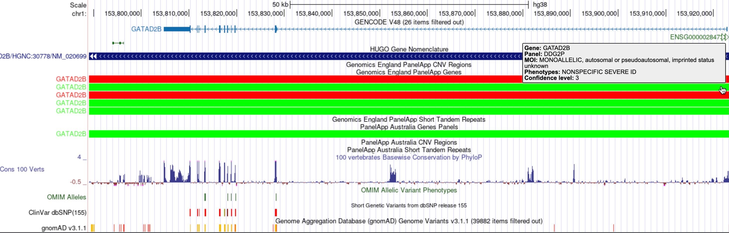 Browser display of PanelApp Australia gene panel diagnostic tracks